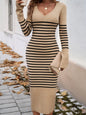 Devine Striped V-Neck Long Sleeve Sweater Dress Khaki S