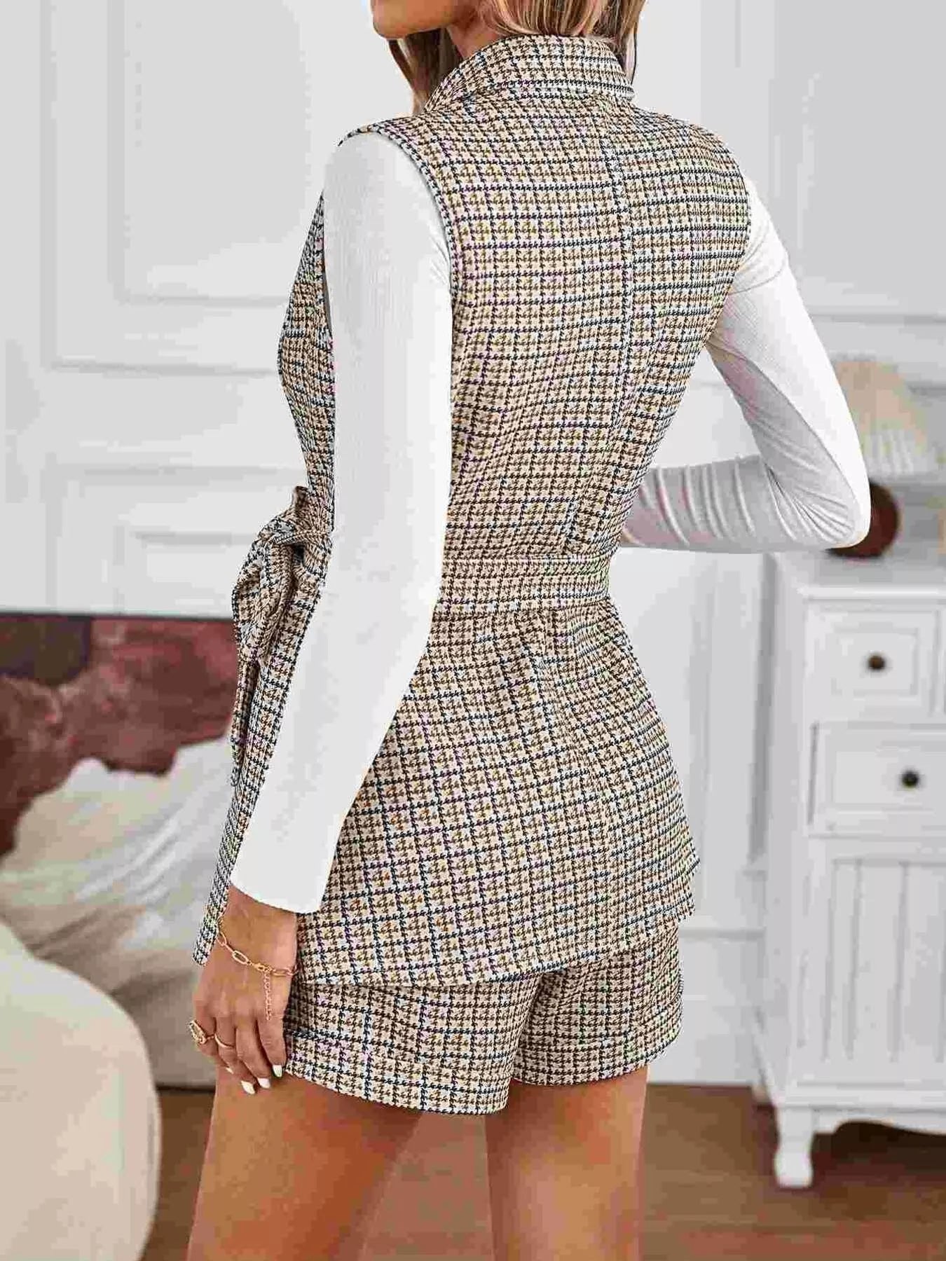 Houndstooth Lapel Collar Vest Coat and Shorts Set