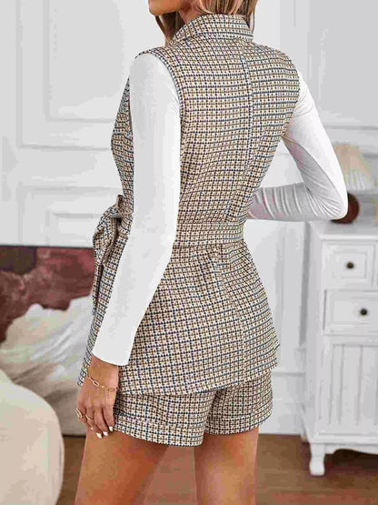 Houndstooth Lapel Collar Vest Coat and Shorts Set