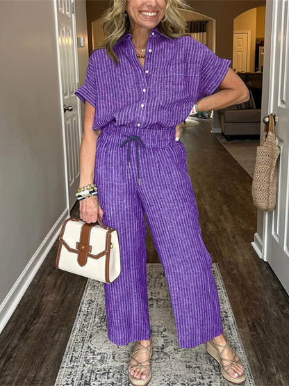 Striped Button-Up Shirt With Wide Leg Pants Purple XS