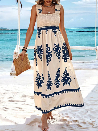 Smocked Printed Wide Strap Maxi Dress Peacock Blue S