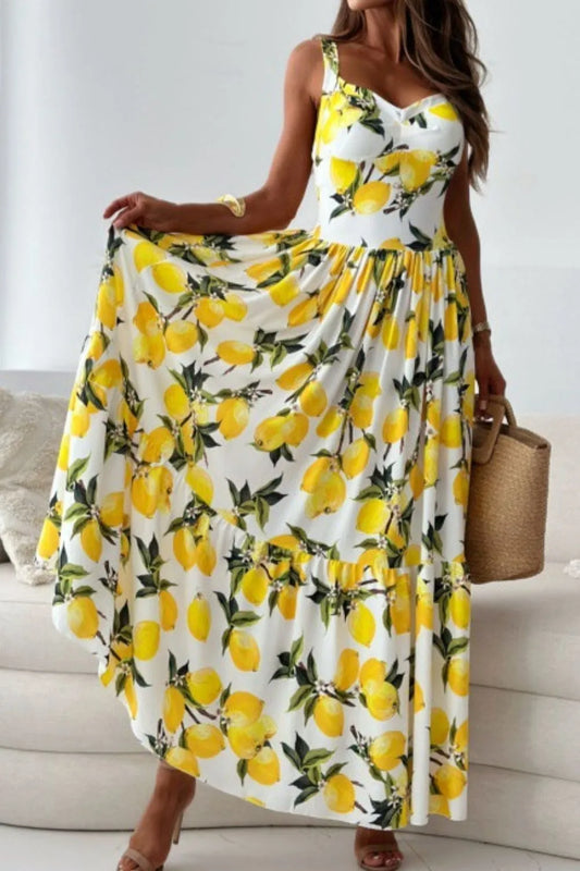 Lemon Print Sweetheart Neck Light Yellow S