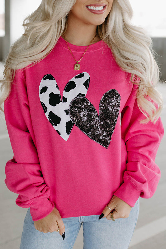 Strawberry Pink Cow & Sequin Double Heart Patch Graphic Sweatshirt Strawberry Pink S