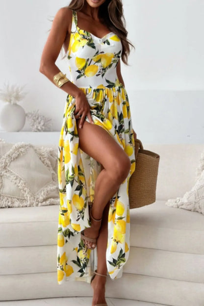 Lemon Print Sweetheart Neck