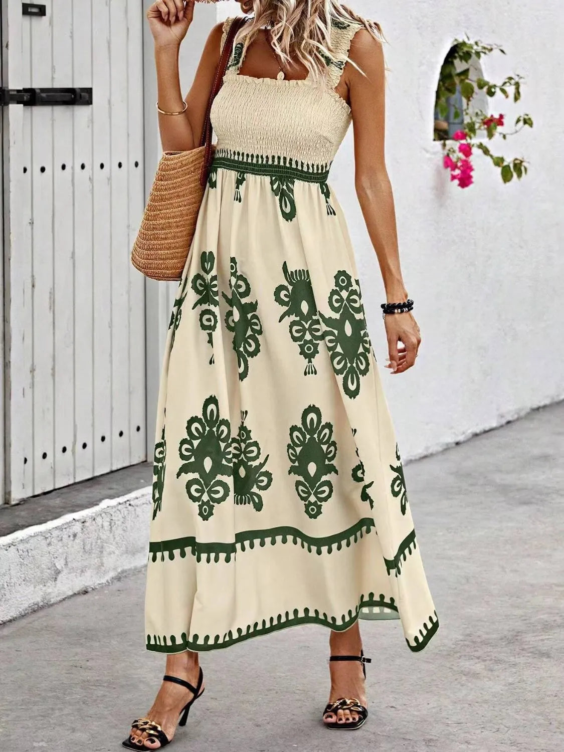 Smocked Printed Wide Strap Maxi Dress Moss S