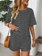 Striped Round Neck Short Sleeve Top and Shorts Set Black S