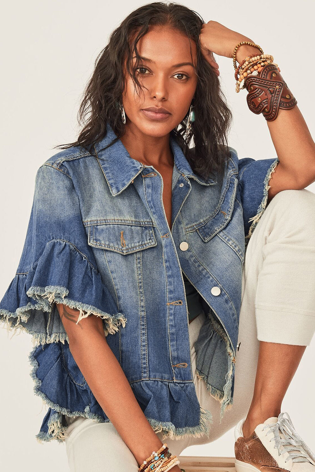 Raw Edge Ruffled Denim Jacket   