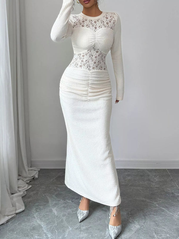 Lace Panel Ruched Bodycon Maxi Dress