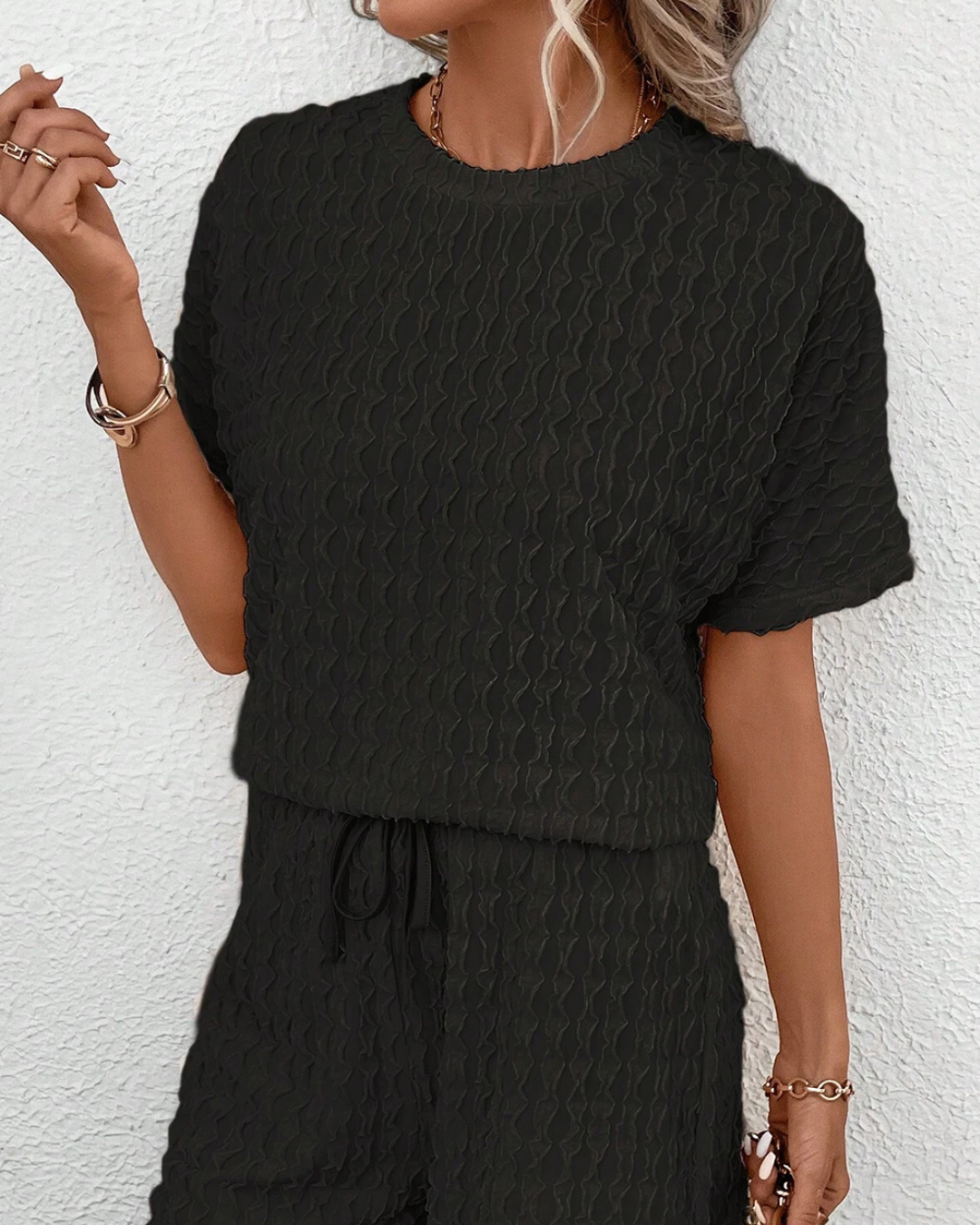 Black Frill Textured Short Sleeve Set   