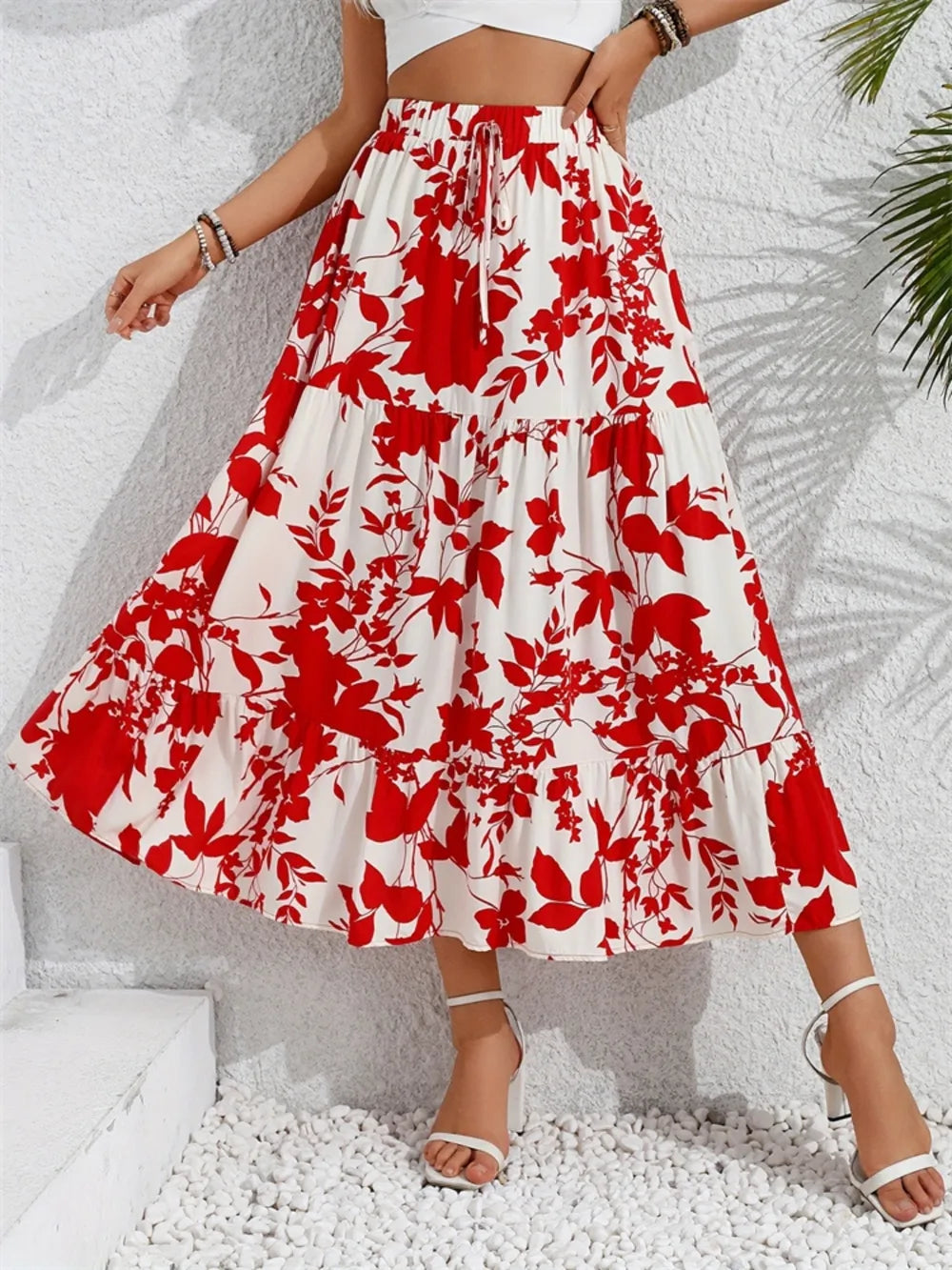 Ruffled Hem Printed Midi Skirt Deep Red M