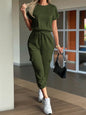 Round Neck Short Sleeve Top and Pants Set Green S