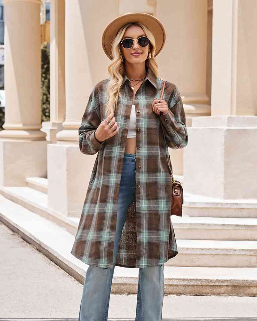 Plaid Collared Neck Long Sleeve Coat   