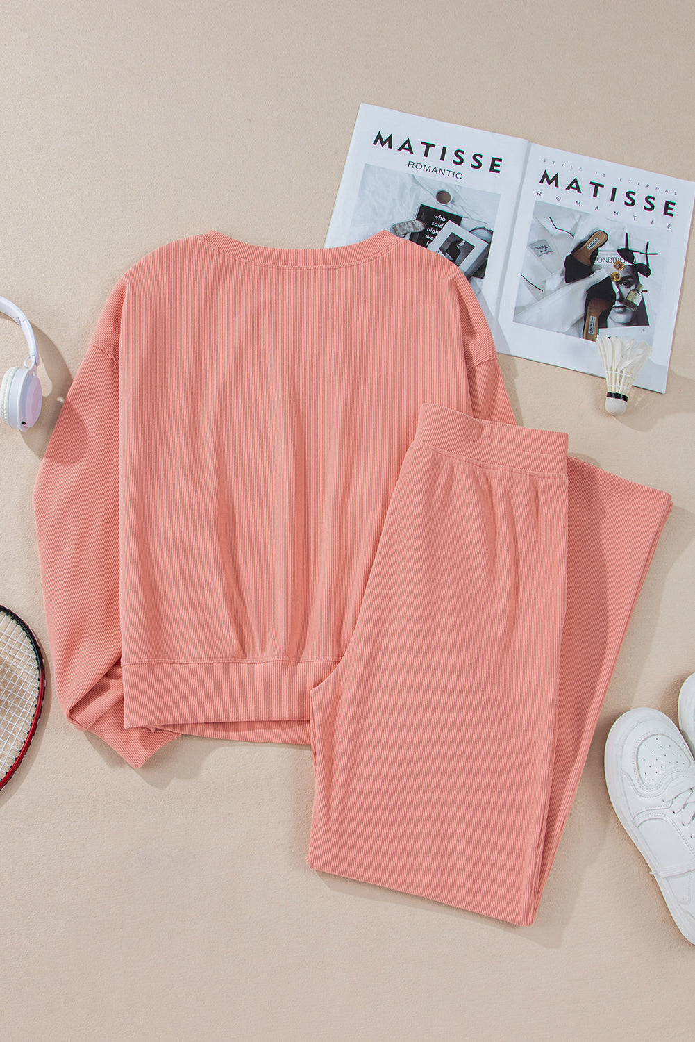 Blossom Ribbed Knit Drop Shoulder Pocketed Two Piece Lounge Set   