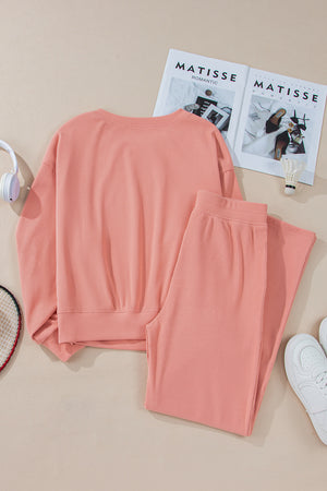 Blossom Ribbed Knit Drop Shoulder Pocketed Two Piece Lounge Set   