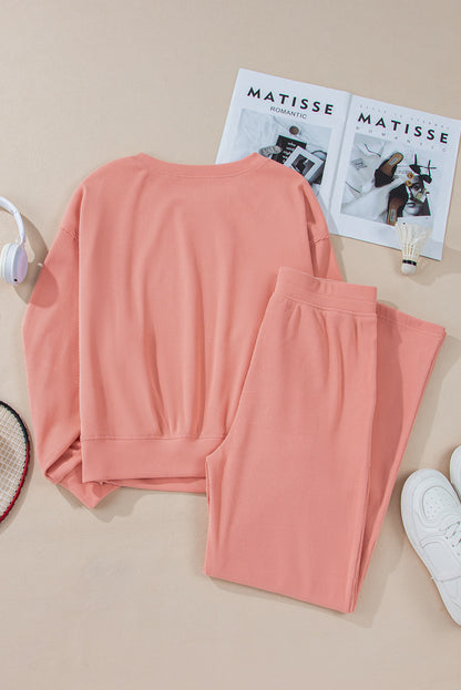 Blossom Ribbed Knit Drop Shoulder Pocketed Two Piece Lounge Set   