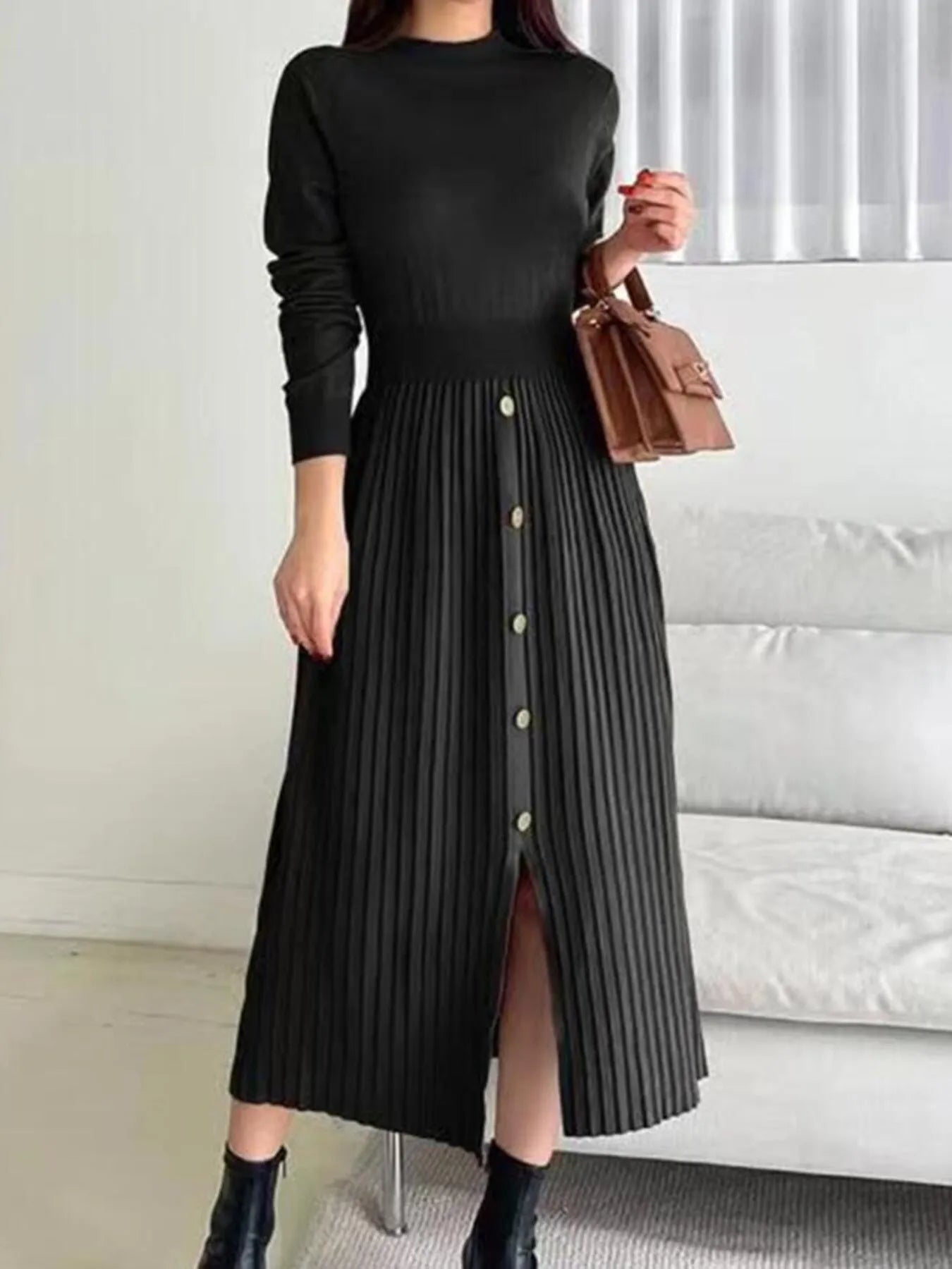 Slit Front Mock Neck Long Sleeve Knit Dress Black S