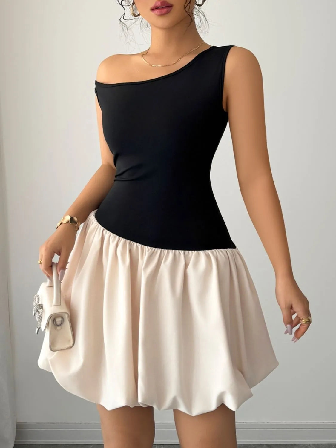 Contrast Single Shoulder Mini Tank Dress Black S
