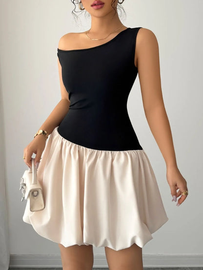 Contrast Single Shoulder Mini Tank Dress Black S
