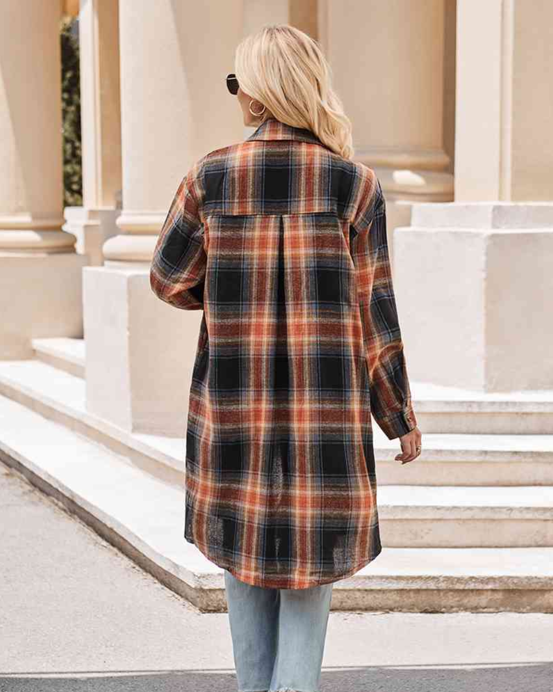 Plaid Collared Neck Long Sleeve Coat   