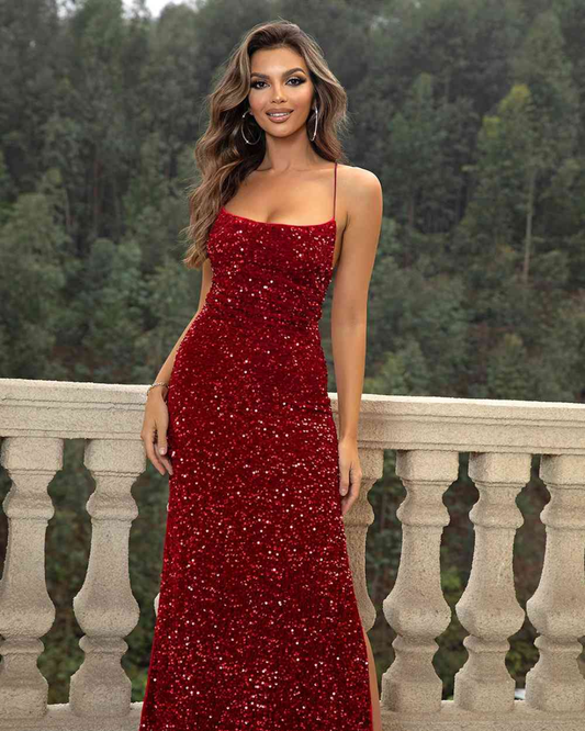 Sequin Backless Split Maxi Dress Wine XS 