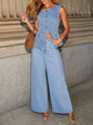 Button Down Vest and Wide Leg Jeans Denim Set Light S