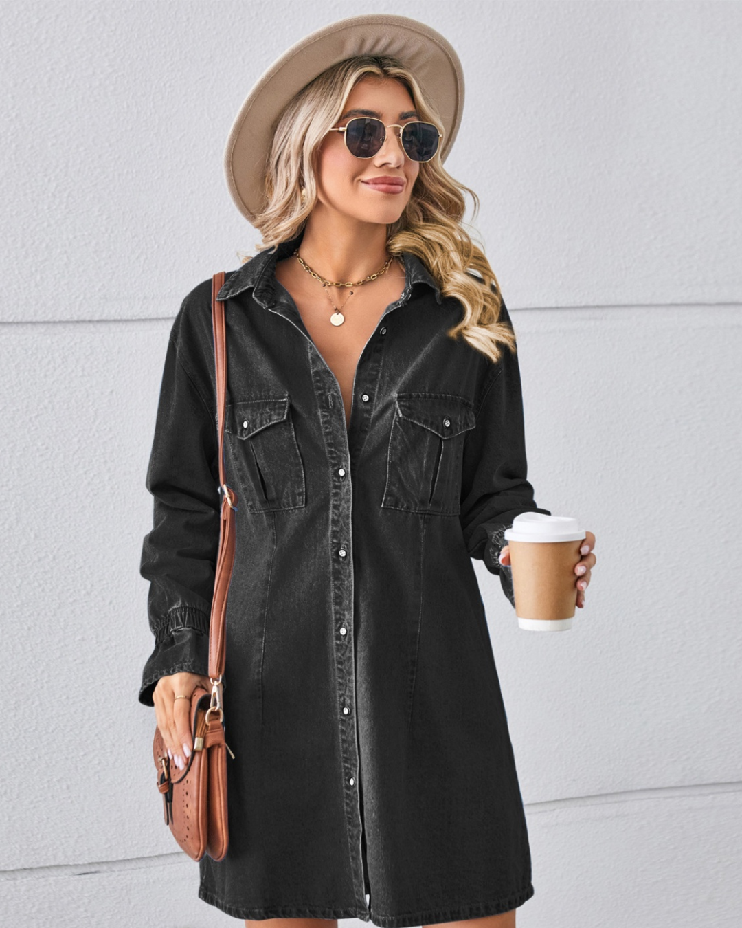 Pocketed Dropped Shoulder Denim Dress Black S 