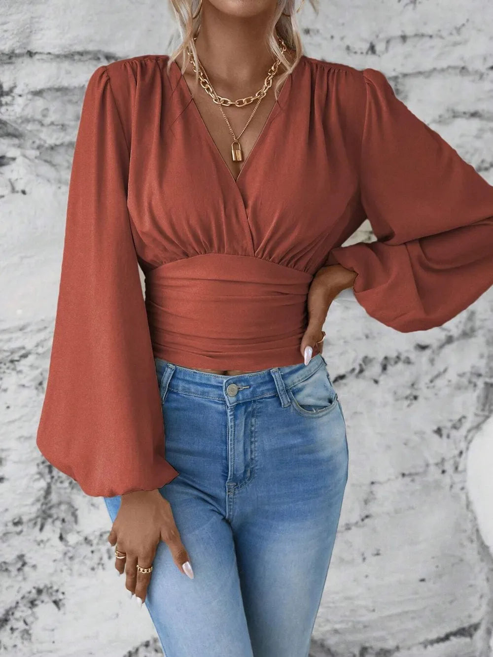 Smocked Surplice Balloon Sleeve Top Rust S