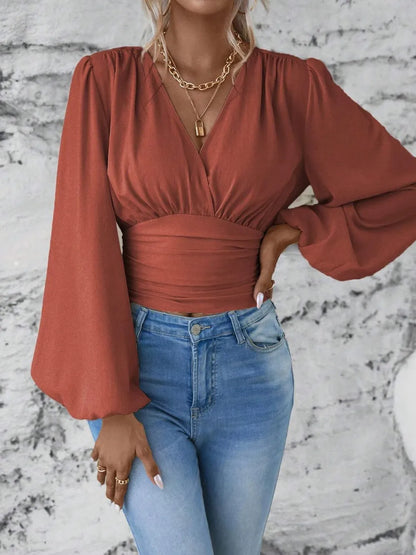 Smocked Surplice Balloon Sleeve Top Rust S