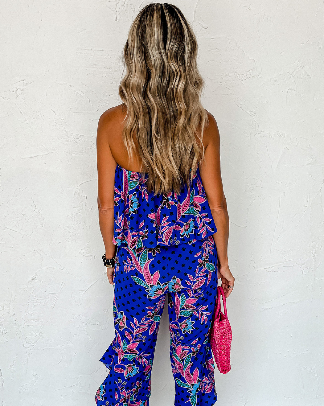 Blue Tropical Print Ruffled Jumpsuit   