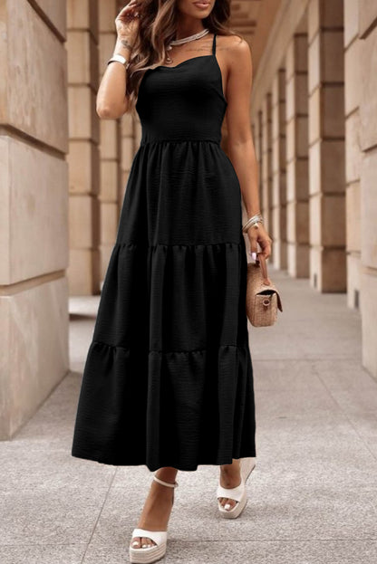 Black Crossover Backless Bodice Tiered Maxi Dress Black S