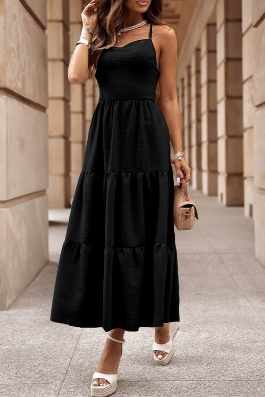 Black Crossover Backless Bodice Tiered Maxi Dress Black S