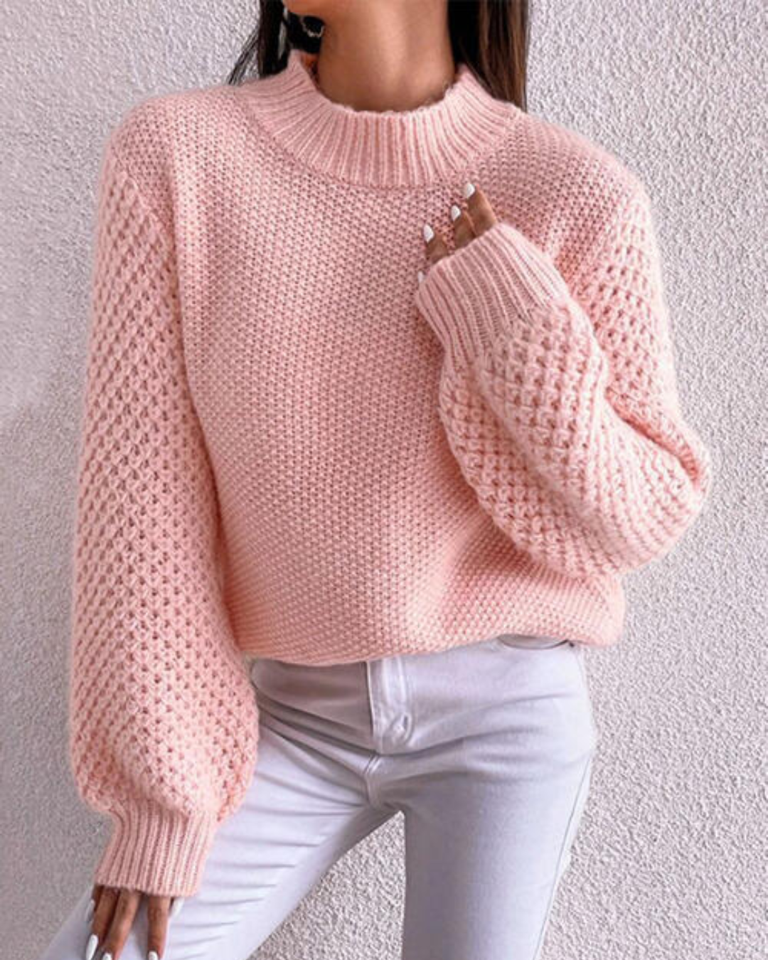 Openwork Mock Neck Long Sleeve Sweater Dusty Pink S 