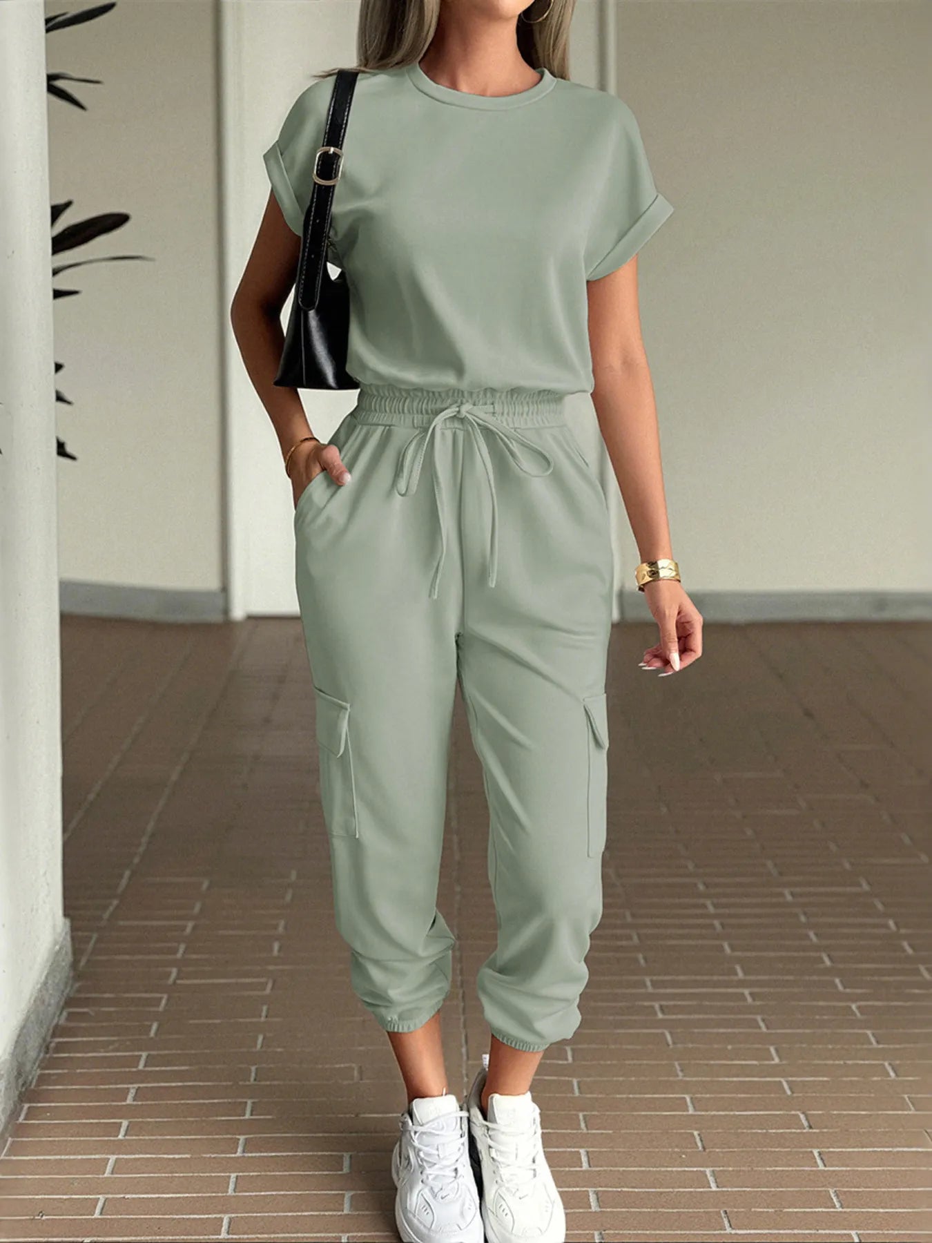 Round Neck Short Sleeve Top and Pants Set Matcha Green S