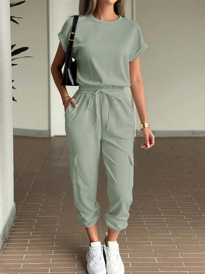 Round Neck Short Sleeve Top and Pants Set Matcha Green S
