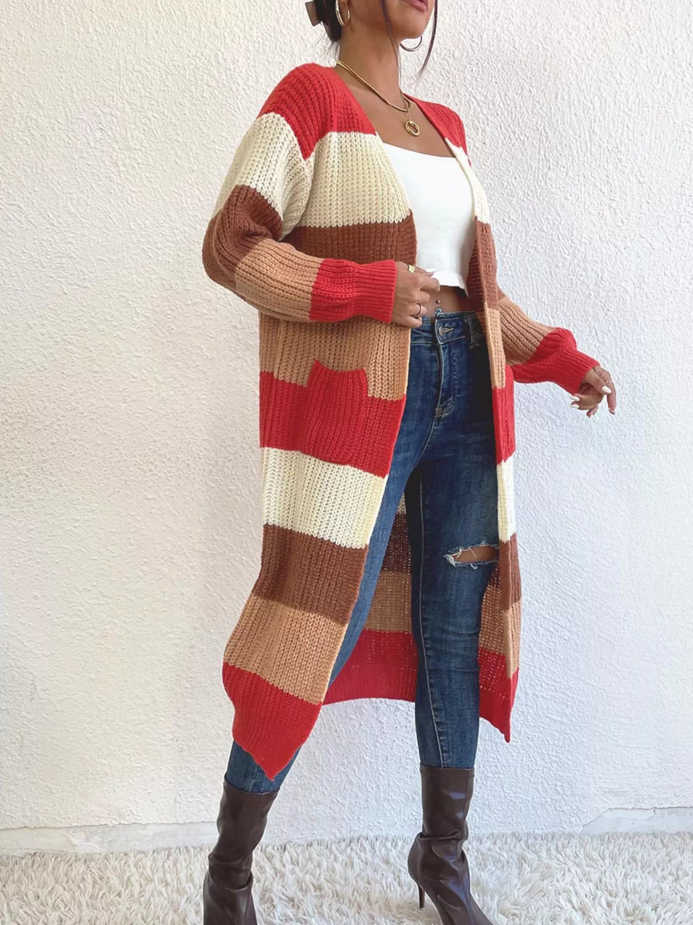 Striped Color Block Open Front Knit Cardigan