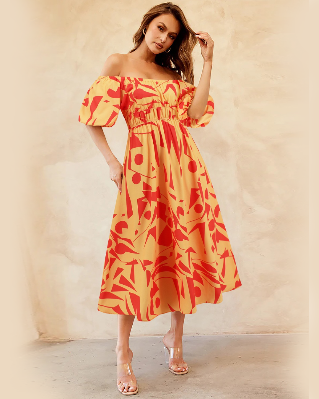 Printed Off-Shoulder Balloon Sleeve Dress Red Orange S 