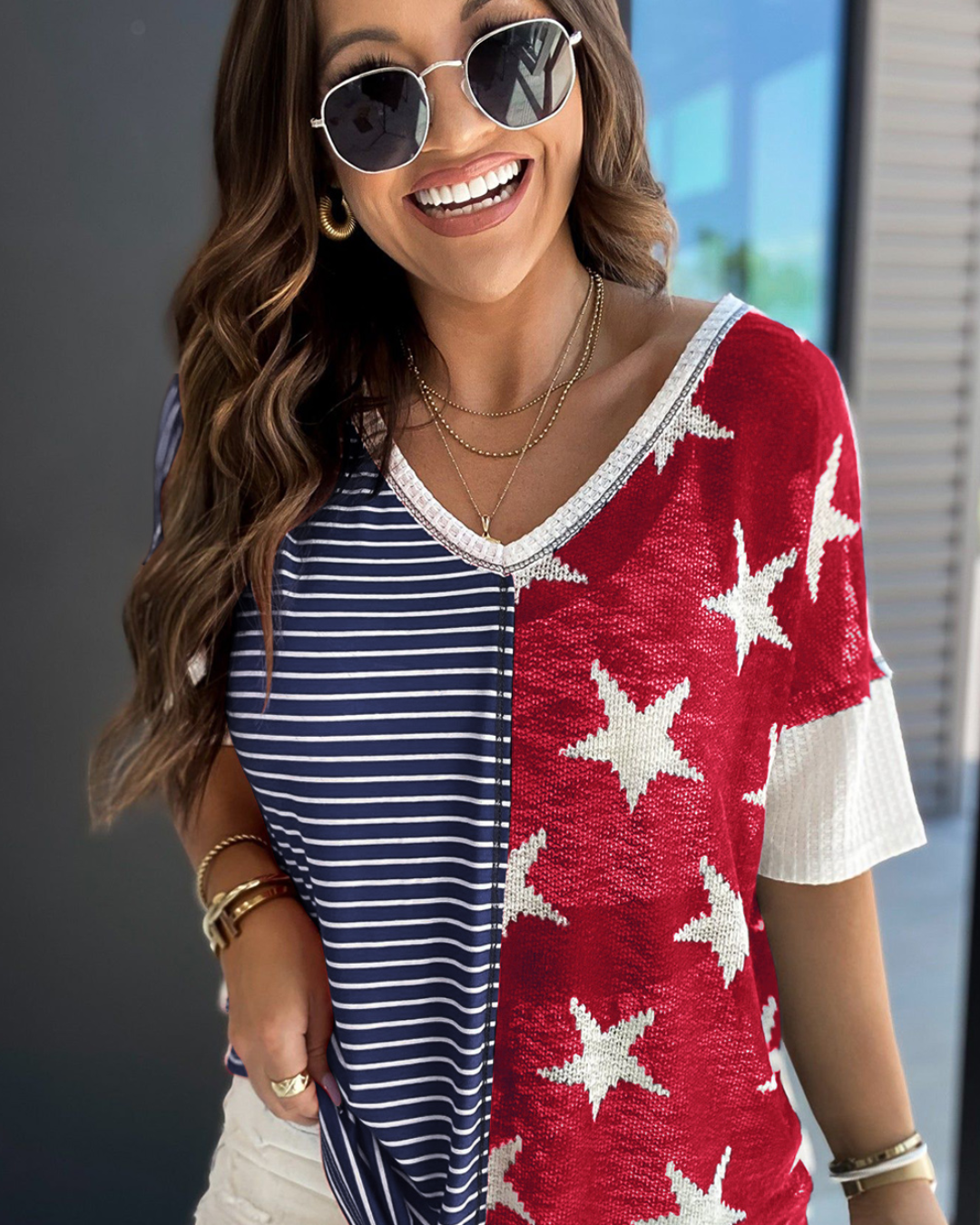 Stripes & Stars Print Knit Top   