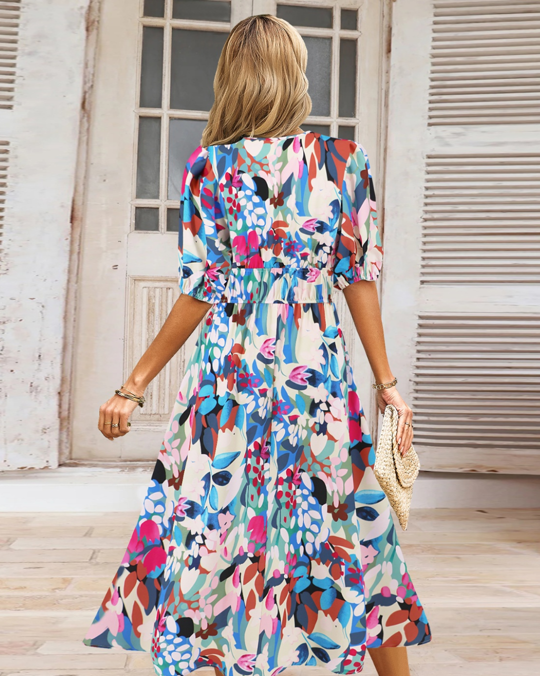 Ruched Printed Surplice Dress   