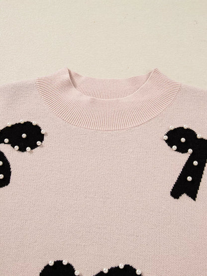Pearl Embellished Bow Pattern Loose Sweater