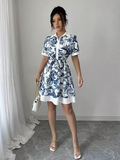 Floral Print Button-Front Shirt Dress Blue S