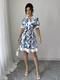 Floral Print Button-Front Shirt Dress Blue S