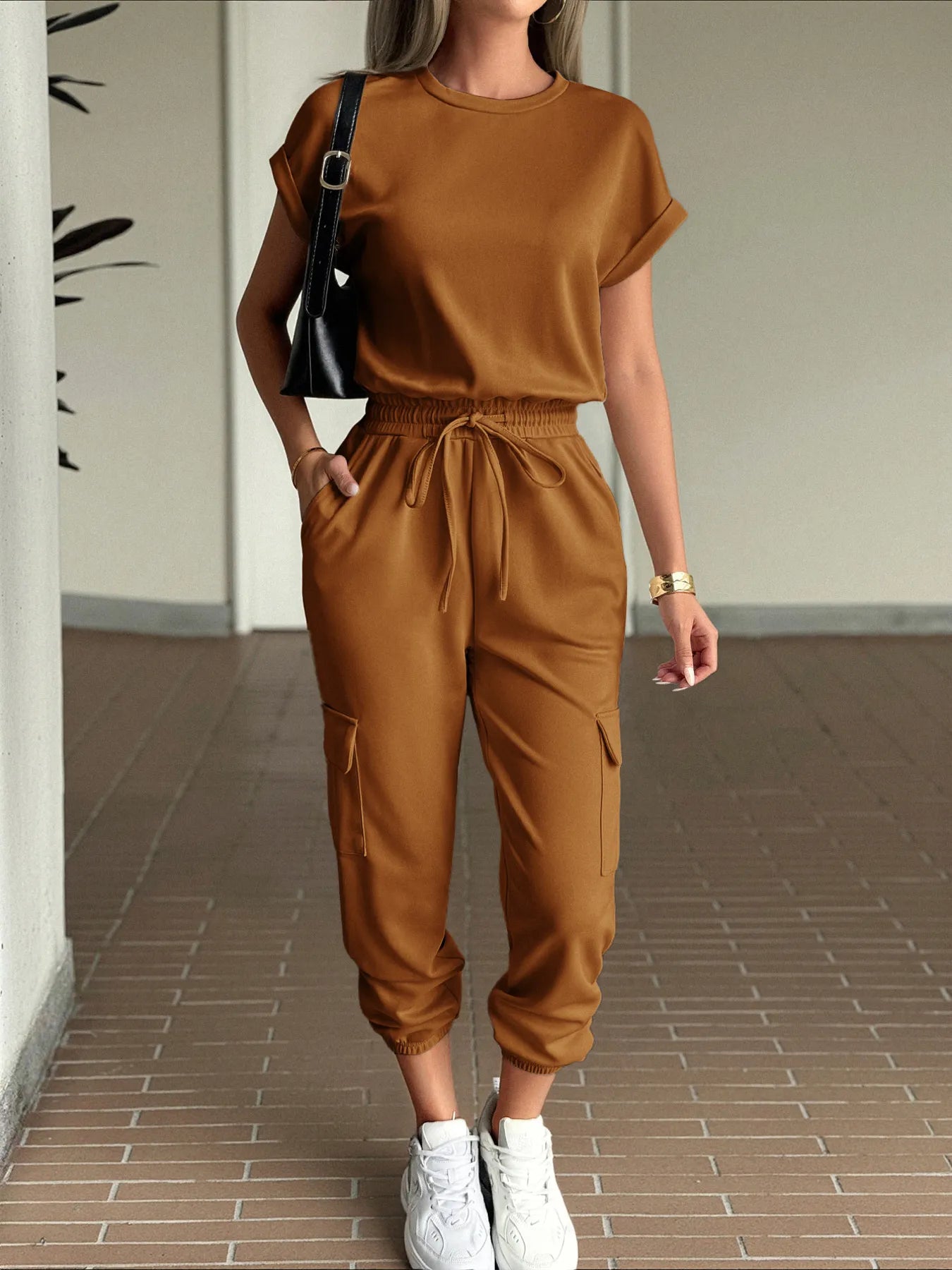Round Neck Short Sleeve Top and Pants Set Brown S