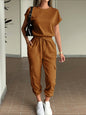 Round Neck Short Sleeve Top and Pants Set Brown S
