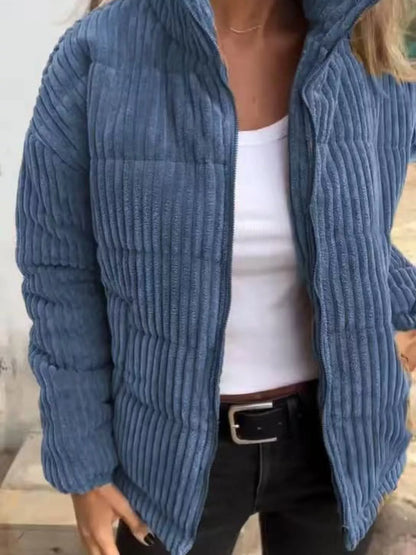 Full Size Zip Up Turtleneck Long Sleeve Winter Coat Plus Size Blue S