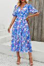 Devine Smocked Printed V-Neck Short Sleeve Dress Blue S