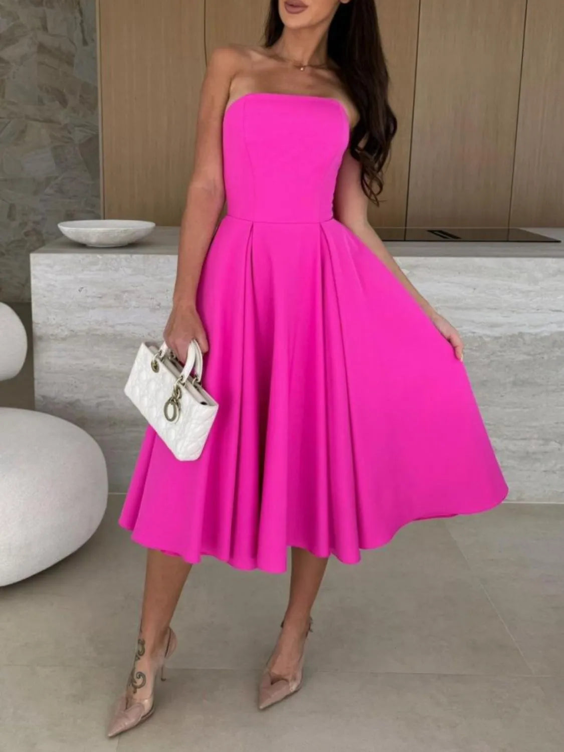 Solid Color Tube Midi Dress Hot Pink 2XL