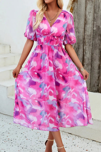 Devine Smocked Printed V-Neck Short Sleeve Dress Hot Pink S
