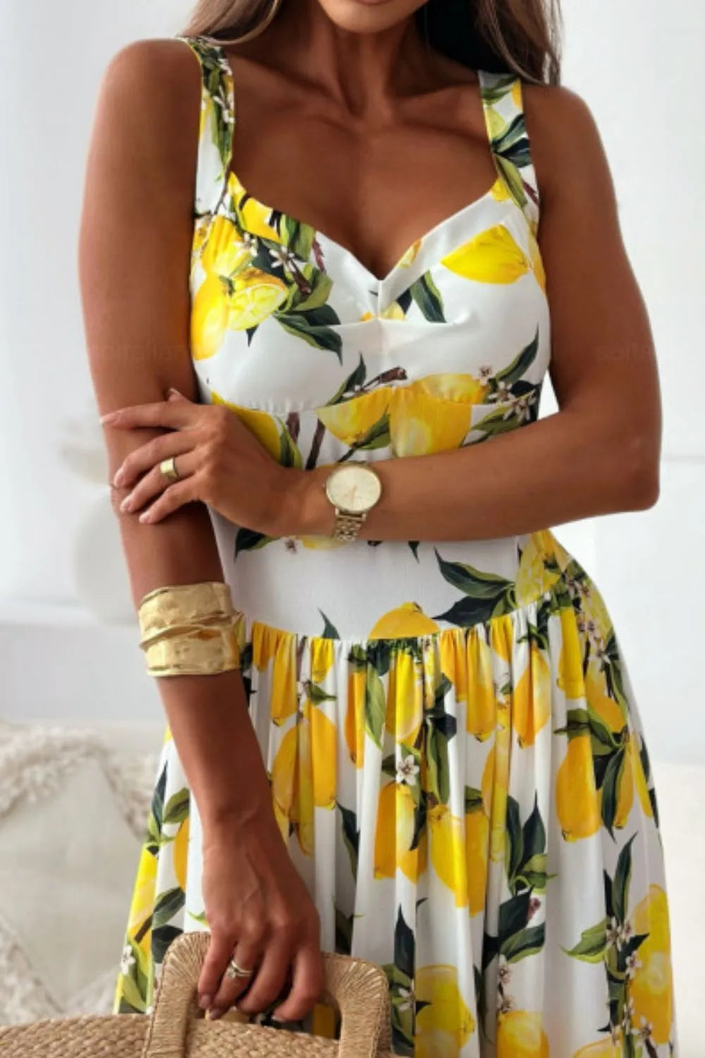 Lemon Print Sweetheart Neck