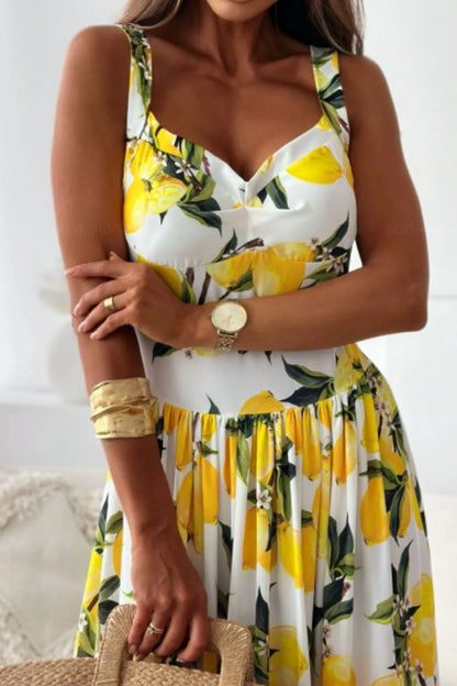 Lemon Print Sweetheart Neck