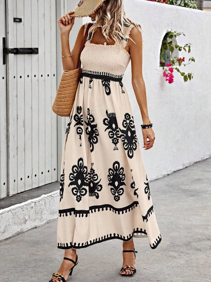 Smocked Printed Wide Strap Maxi Dress Tan S